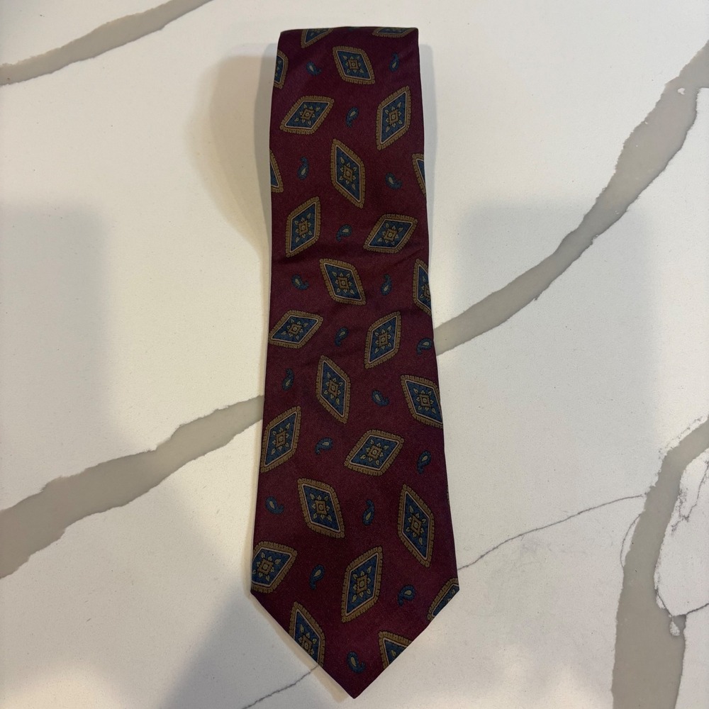 Gieves & Hawkes Savile Row London Silk Tie Burgundy Gold Diamond Paisley Vintage